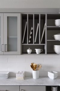 Kitchen Kirkland, WA Gray kitchen shelving in white room