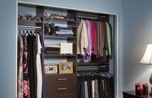 Dark wood reach-in closet organizer system in blue bedroom