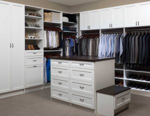 White closet organizer system with center island station